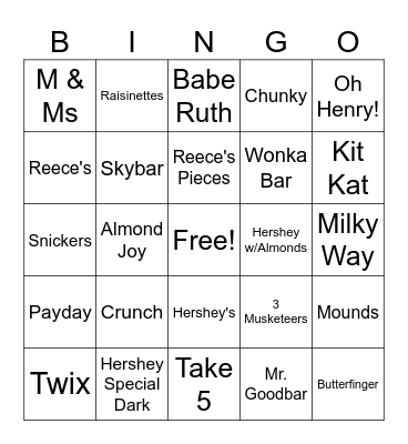 Candy Bar Bingo Card