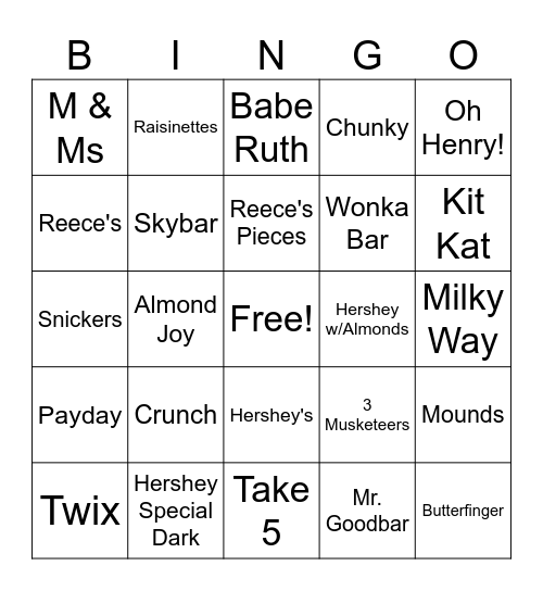 Candy Bar Bingo Card