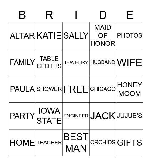 Bride Bingo Card