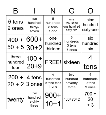 Place Value Bingo Card