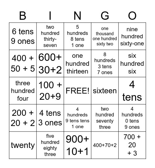 Place Value Bingo Card