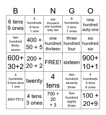 Place Value Bingo Card