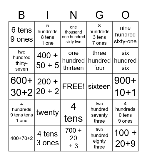 Place Value Bingo Card