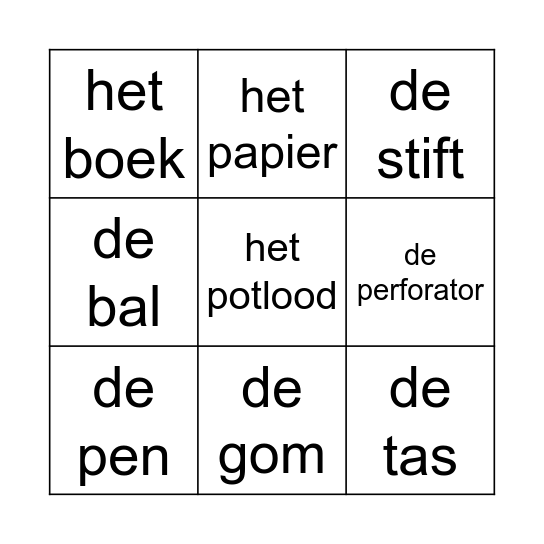 Klasobjecten Bingo Card