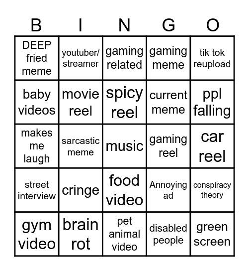 Instagram reel bingo Card