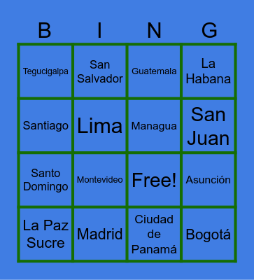 Spanish Countries capitals Bingo Card