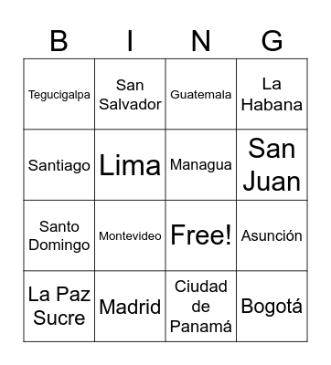 Spanish Countries Bingo Card