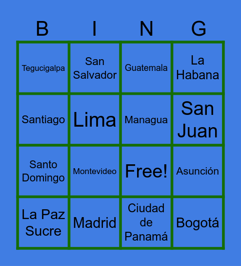 Spanish Countries capitals Bingo Card