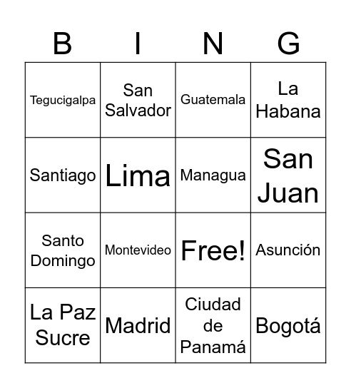 Spanish Countries Bingo Card