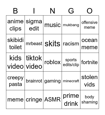 YOUTUBE SHORTS BINGO Card