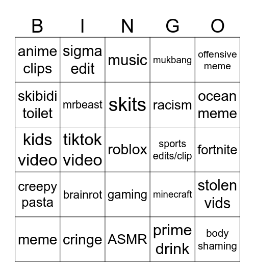 YOUTUBE SHORTS BINGO Card