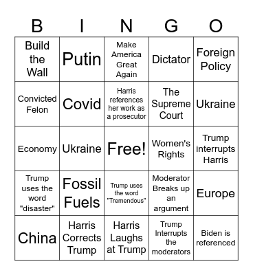 Presidential Election 2024 Debate BINGO Card
