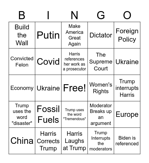 Presidential Election 2024 Debate BINGO Card