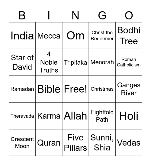 World Religions Bingo Card