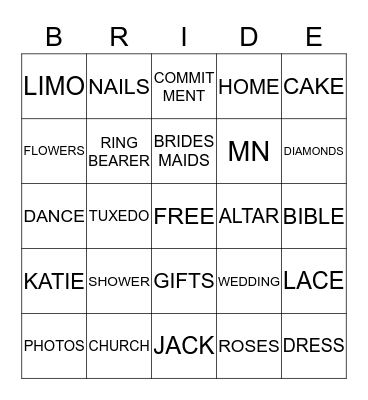 BRIDE Bingo Card