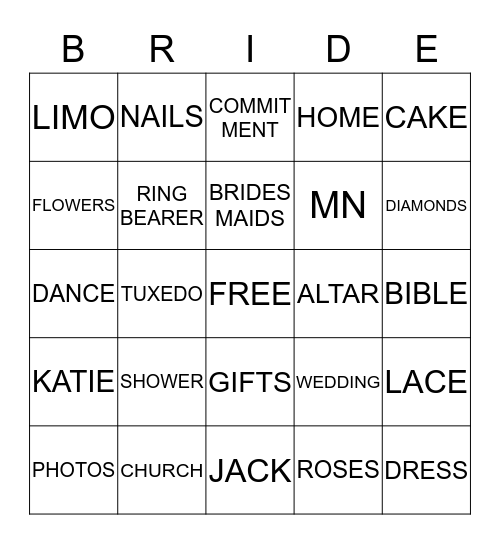 BRIDE Bingo Card