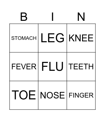 BODY PARTS & HEALTH PROBLEMS Bingo Card