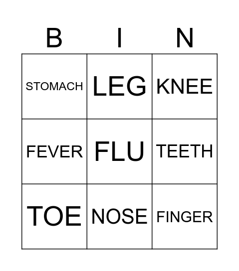 BODY PARTS & HEALTH PROBLEMS Bingo Card