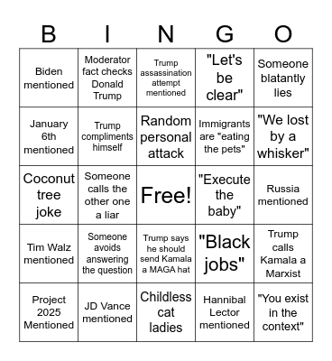 Harris and Trump 2024 Debate Bingo Card