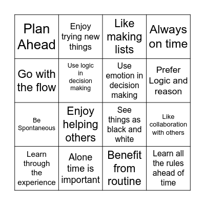 Personality Traits Game Bingo Card