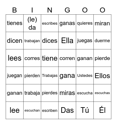 Verbs and Pronouns Review Bingo Card