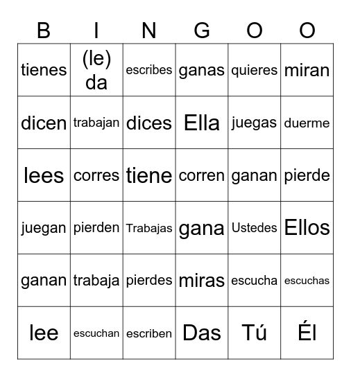Verbs and Pronouns Review Bingo Card