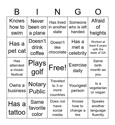 Get to know you Bingo Card