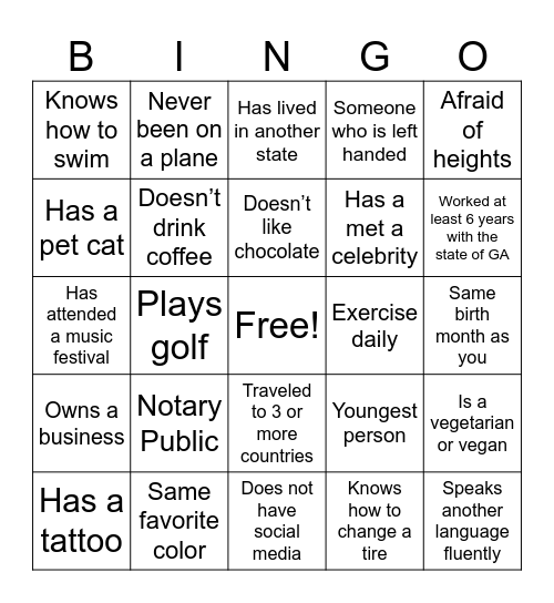 Get to know you Bingo Card