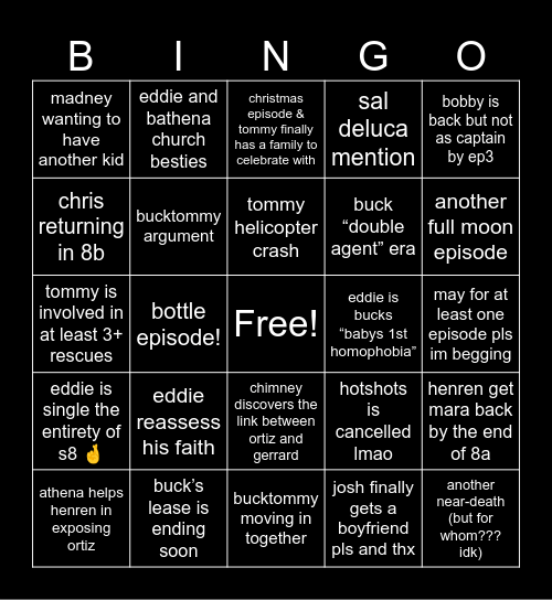 9-1-1 S8 Bingo Card