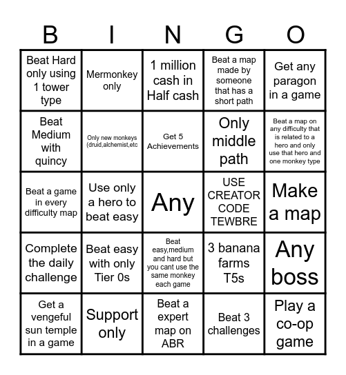 BTD 6 HARD BINGO Card