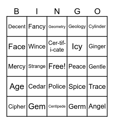 Soft C and Soft G Words Bingo Card