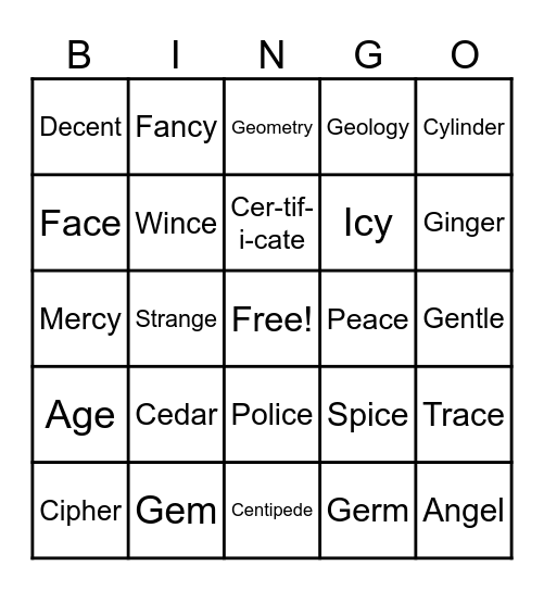 Soft C and Soft G Words Bingo Card