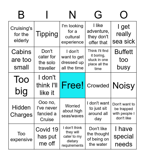 Cruise Booking Objections/Barriers To Sale Bingo Card