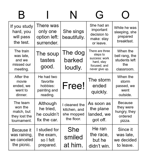 Grammar Bingo Card