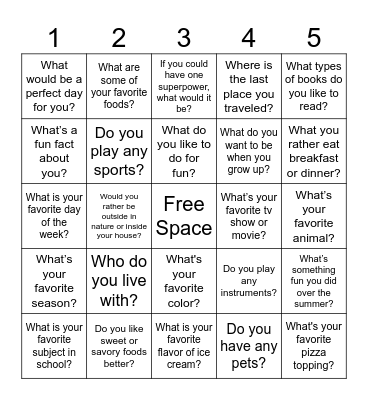 Getting to know you Bingo Card