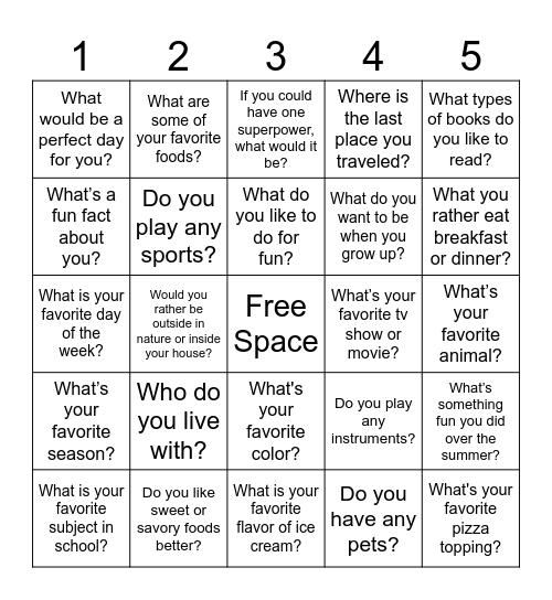 Getting to know you Bingo Card