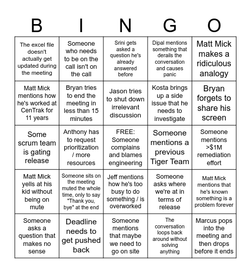 Tiger Team Bingo Card