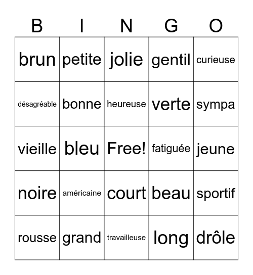Les adjectifs Bingo Card