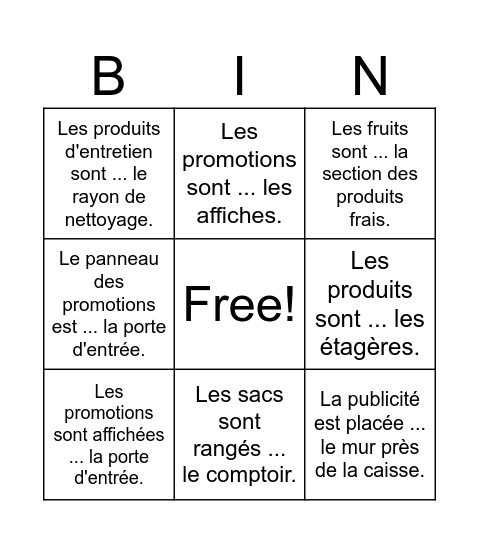 Les prépositions de lieu (supermarché) Bingo Card