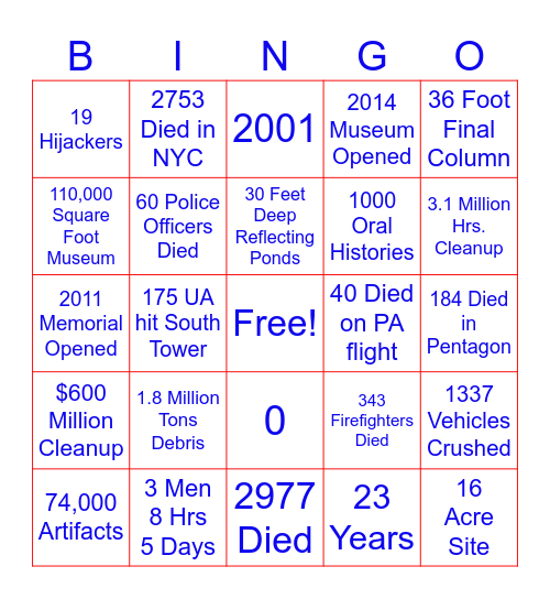 We Will Never Forget Bingo Card