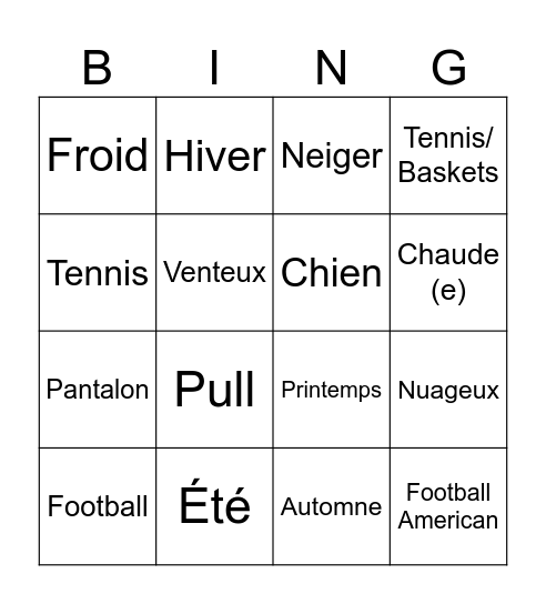 Notre Monde Bingo Card