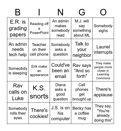 Staff Meeting Shenanigans Bingo Card