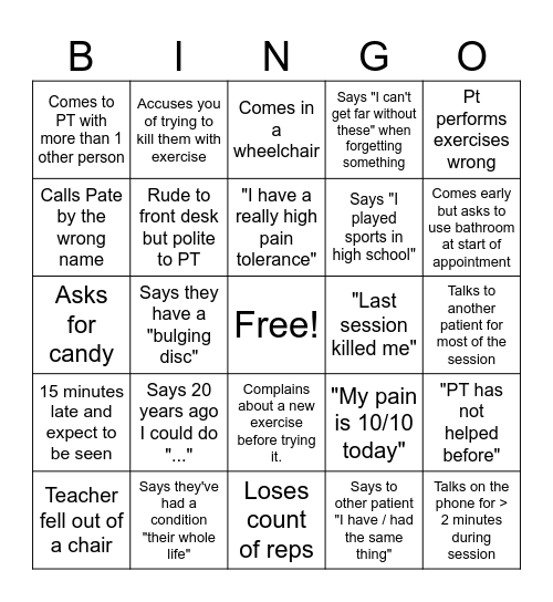 Physical Therapy Bingo Card