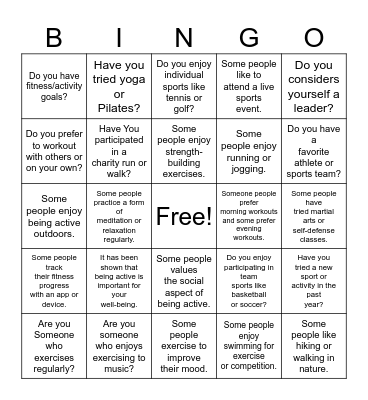 Physical Activity Bingo Card