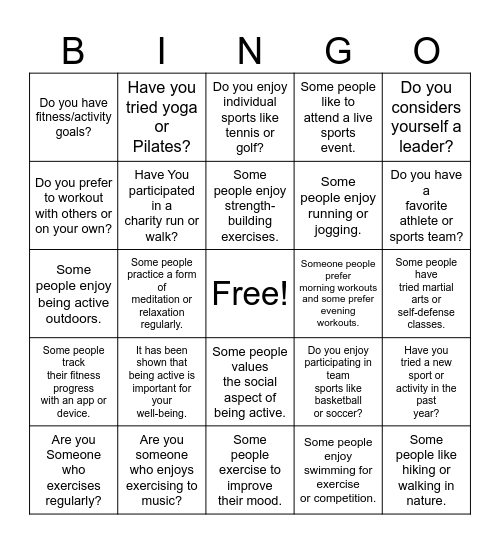 Physical Activity Bingo Card