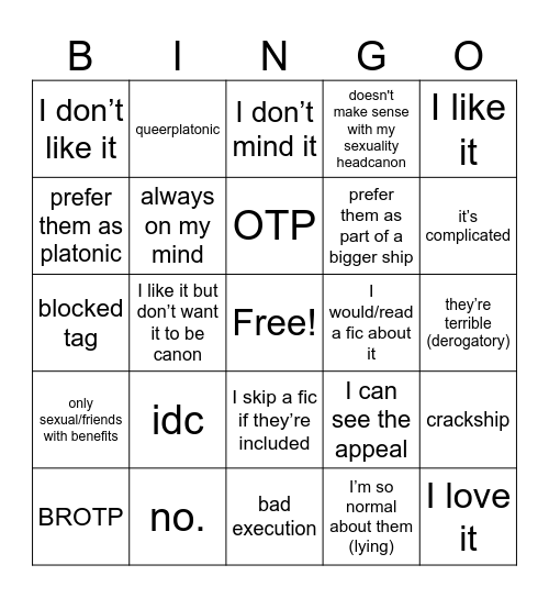 Ship opinion bingo Card