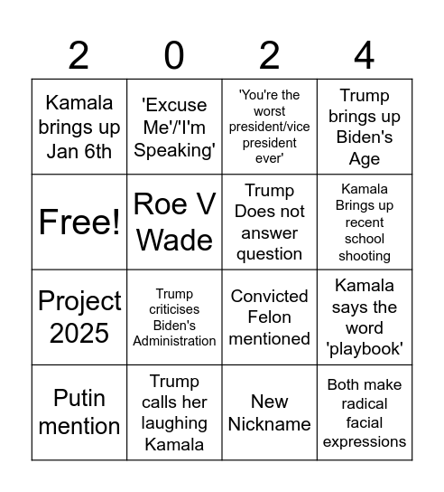 Presidential Debate 2024 Bingo Card