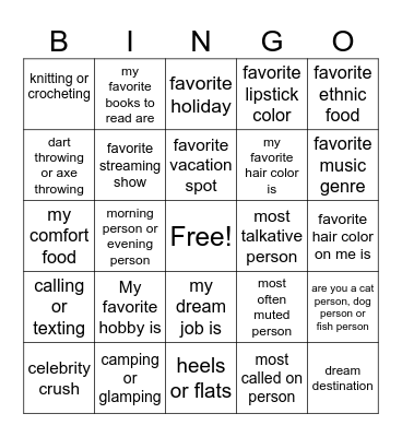 Bingo for Women Bingo Card