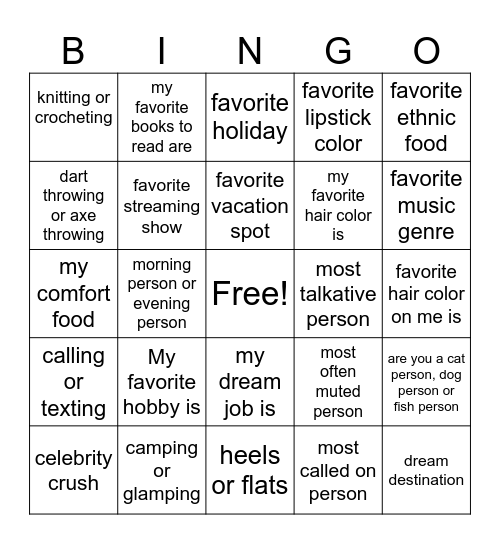 Bingo for Women Bingo Card