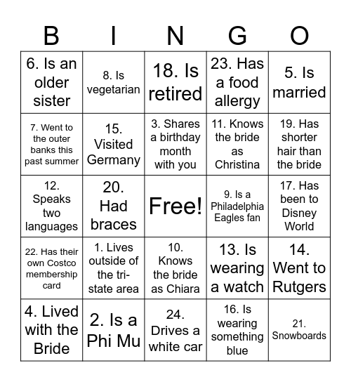 Bridal Shower Bingo Card